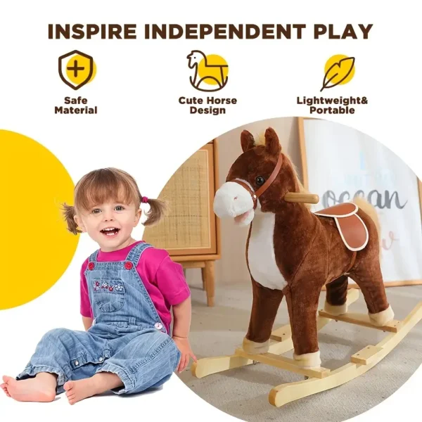 A Small Brown Horse, a Rocking Toy with a Wooden Base, Featuring Realistic Reins And a Saddle.