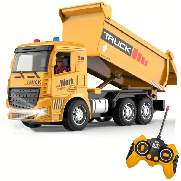 Realistic Remote Control Dump Truck Toy with Lights & Movable Roadblocks